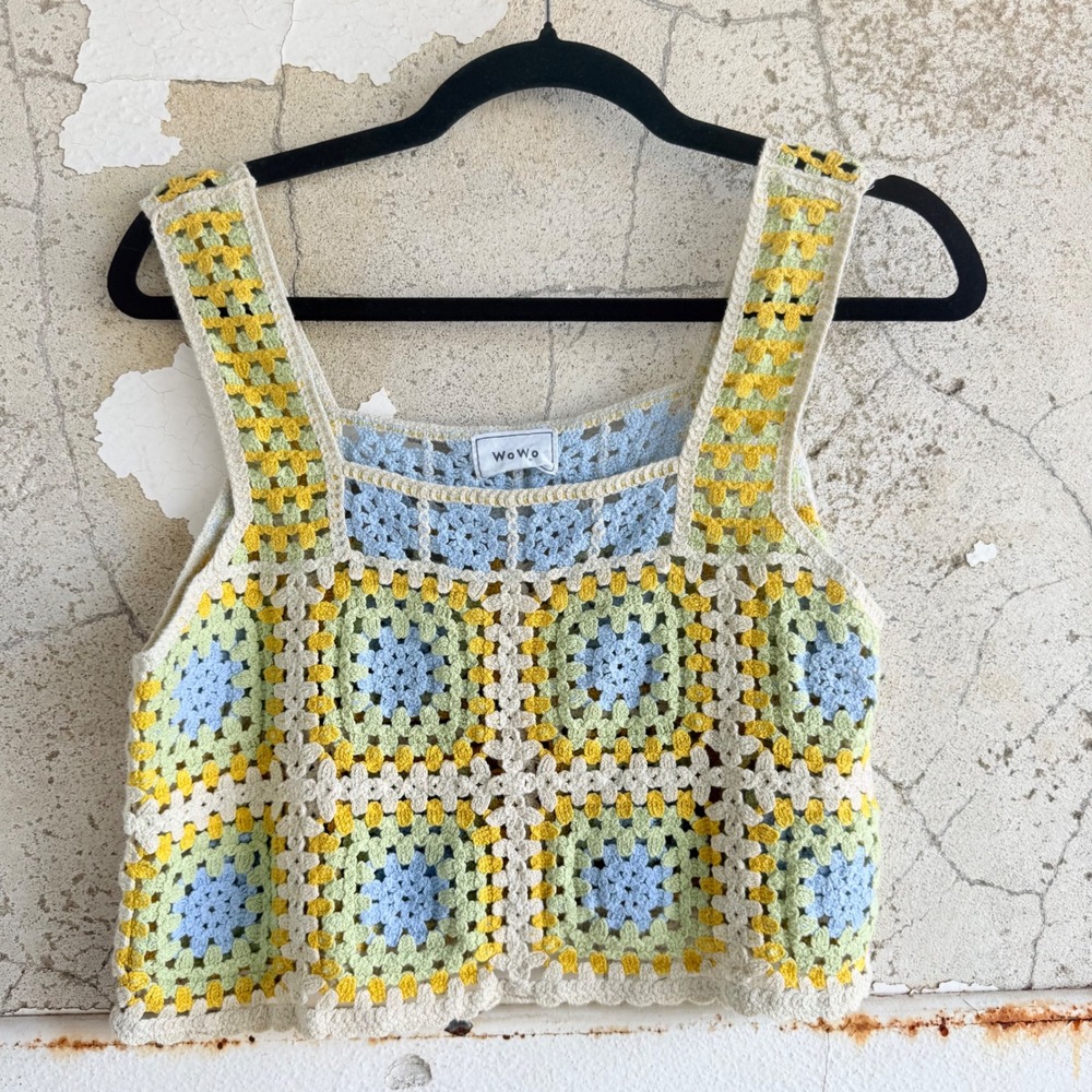 Crochet Tank Top Granny Square Cotton Knit Cami Boho Festival Crop Top WoWo M